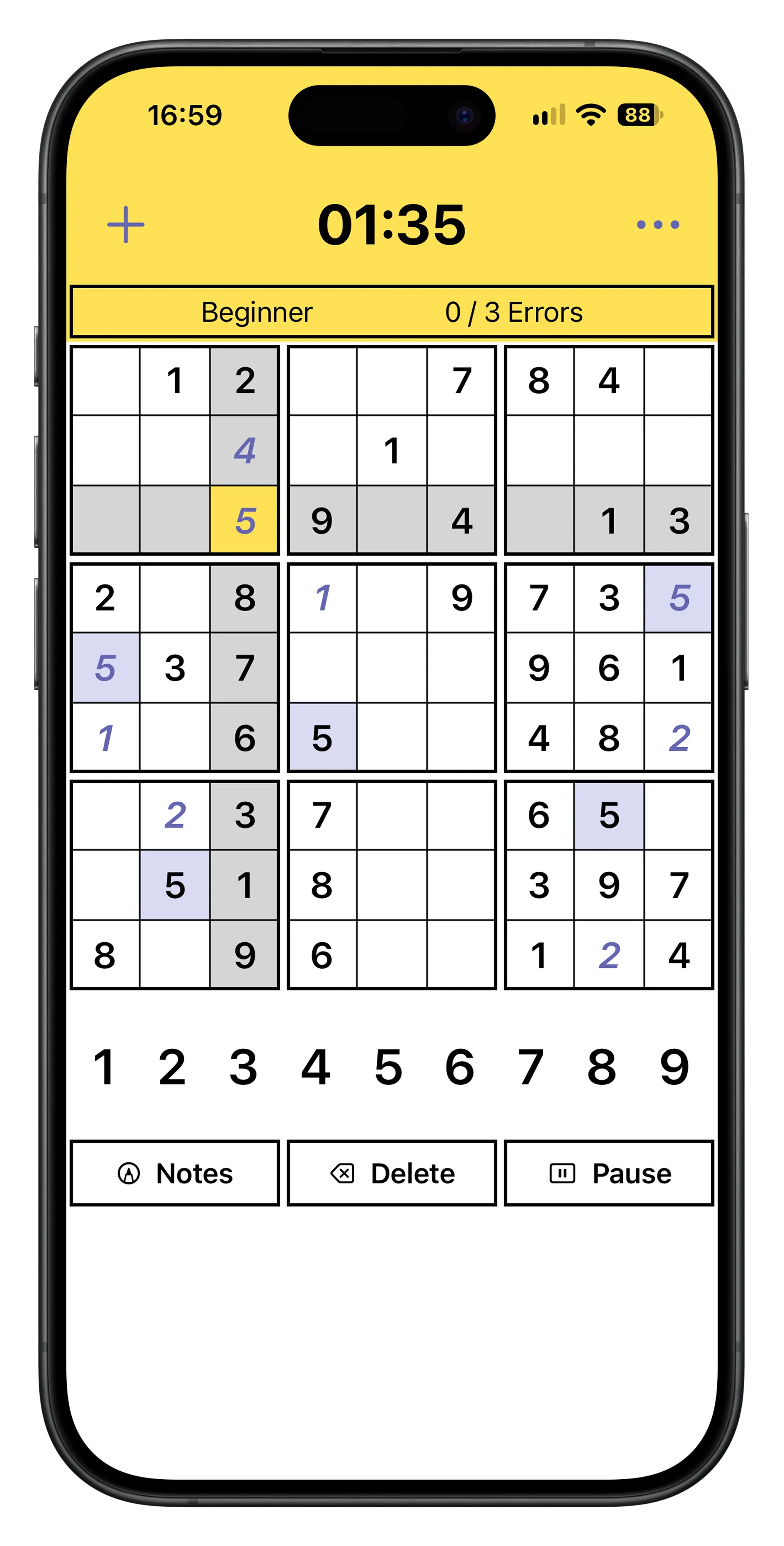 Sudoku Expert app on iPhone showing a beginner Sudoku puzzle in progress